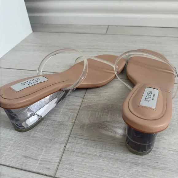 Steve Madden Clear-Strap Nude Block Heel Sandals - Picture 3 of 6